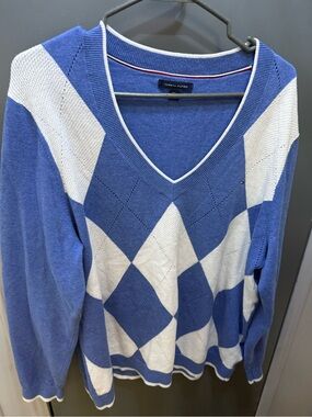 Tommy Hilfiger Blue & White Diamond Argyle V-Neck Sweater
